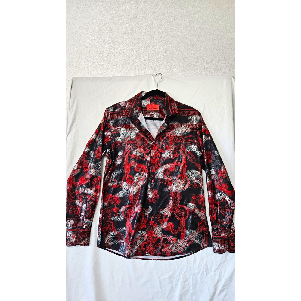 Montero Men's M Regular Long Sleeve Geometric Button-Up Shirt Black Red White